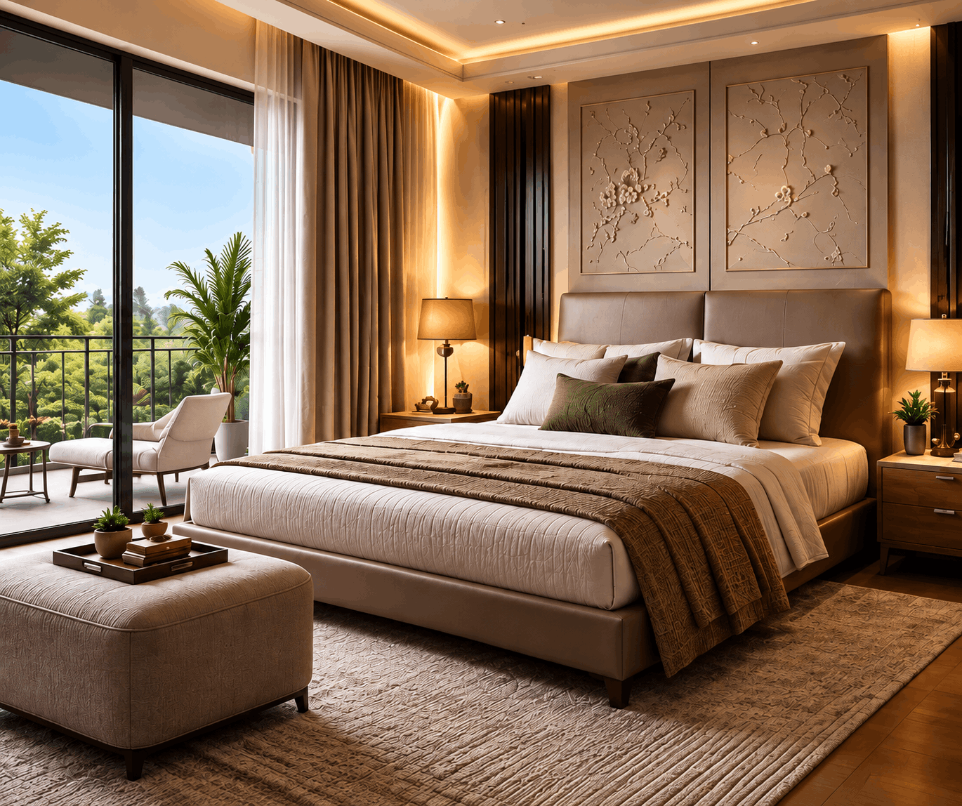 Luxury Cocoa County bedroom with balcony and landscaped views