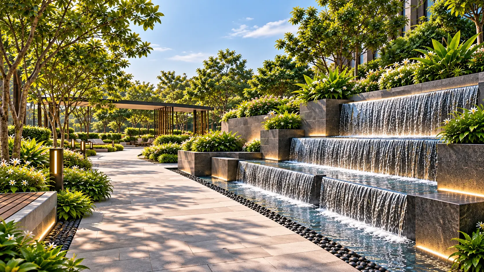 Landscaped cascade walking path